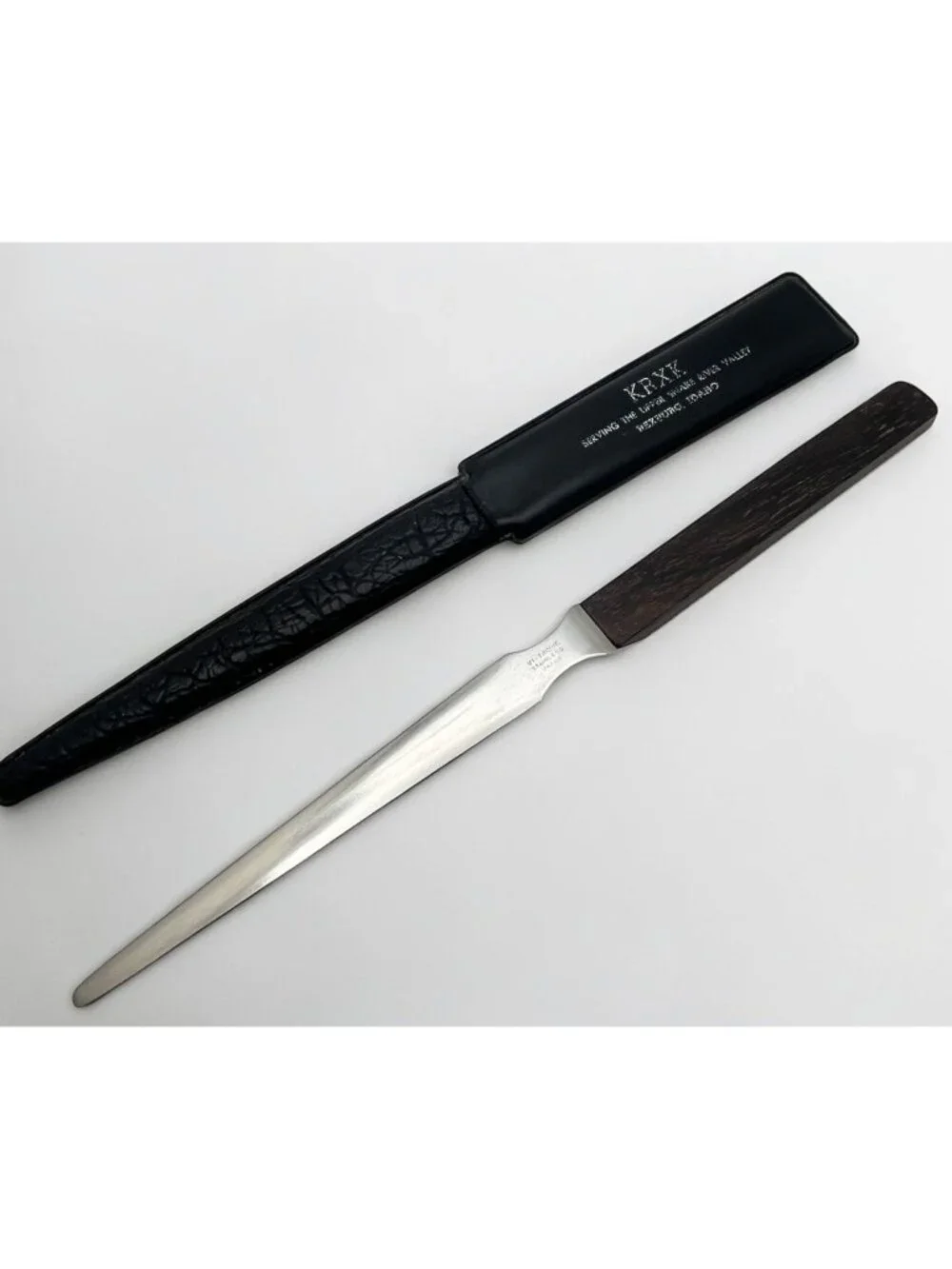 Vintage KRXK AM Radio Letter Opener Rexburg ID Leather Case Stainless Steel